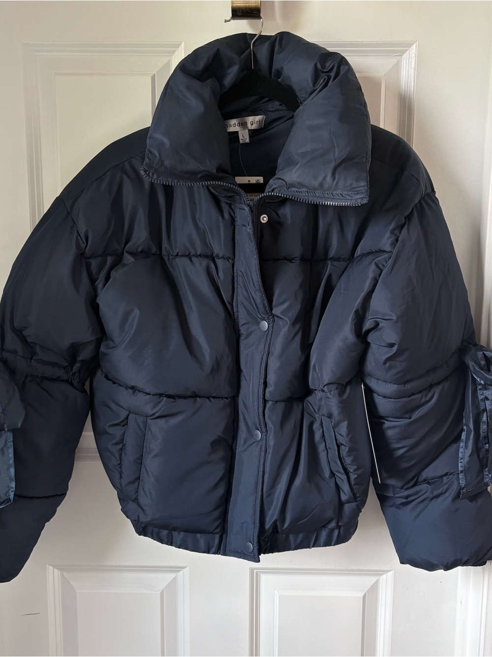MADDEN GIRL blue puffer jacket bow accent L cute girls